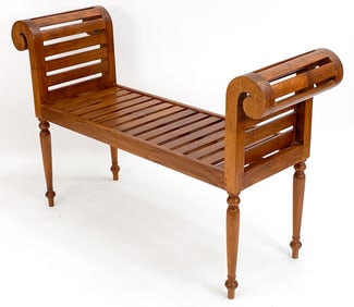 EMPIRE STYLE SCROLLED ARM WALNUT SLAT BENCH