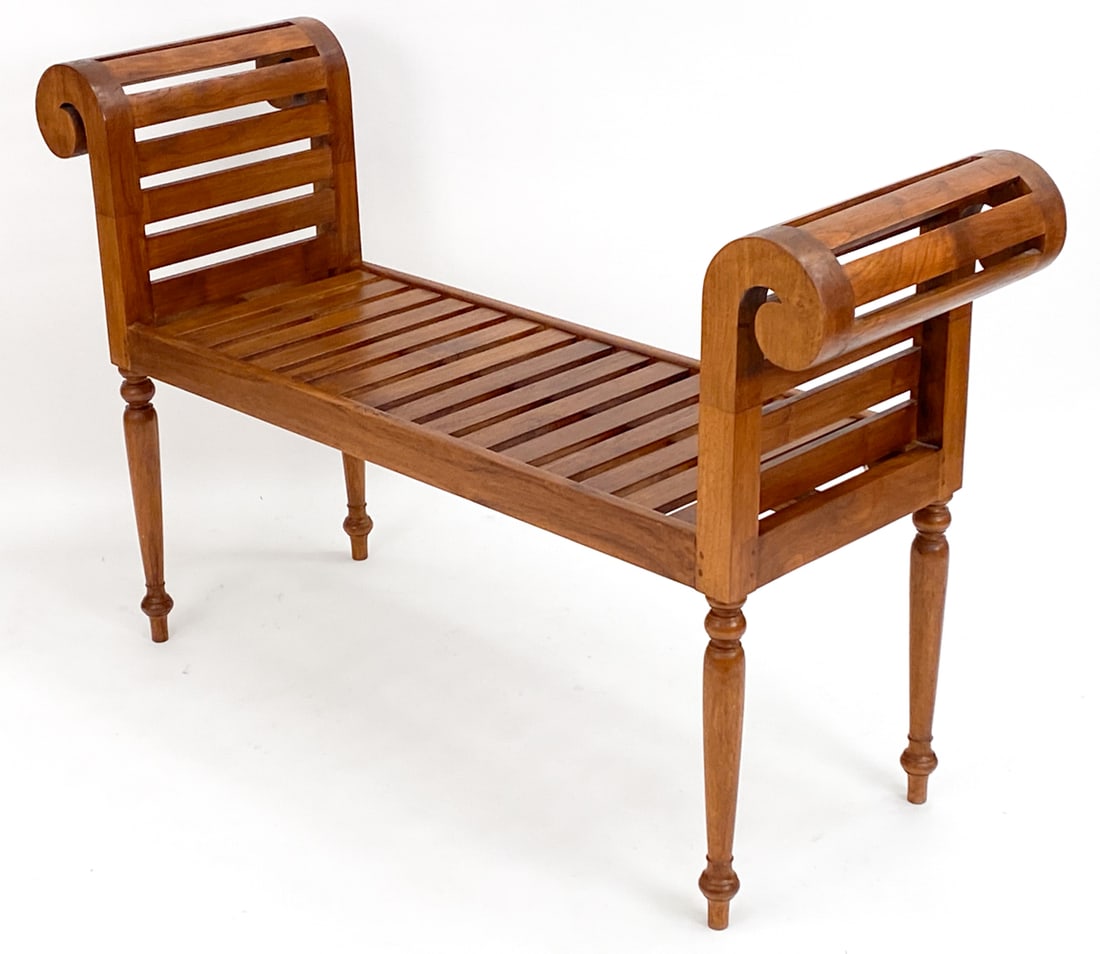 EMPIRE STYLE SCROLLED ARM WALNUT SLAT BENCH (1 of 12)