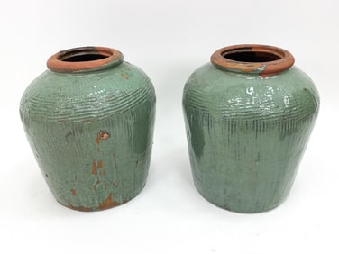 PAIR OF LARGE GLAZED POTTERY URNS