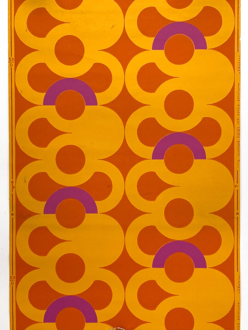 ROLL OF JULES LELEU TABORA WALLPAPER: Modernist "Tabora" wallpaper by Leleu Deshays for the house of Jansen. France, circa 1950s. Dimensions: (Rolled) L 22.25" x Dia 2.25" Condition: Light wear consistent with age.