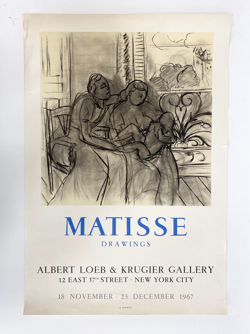 HENRI MATISSE DRAWINGS EXHIBITION POSTER 1967: Lithograph printed by Mourlot. Dated November 18th- December 23rd. For the Albert Loeb & Krugier Gallery, NYC. Dimensions: L 29.75" x W 20.5" Condition: Unframed. Uneven edges and couple small tears t