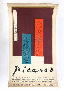 PABLO PICASSO 1962 EXHIBITION POSTER: Poster is based on a drawing by Picasso, "Two Clowns". Dated April 25th-May 12, 1962 for The Public Education Association. Dimensions: L 34.5" x W 20" Condition: Unframed. Some rolling from being roll