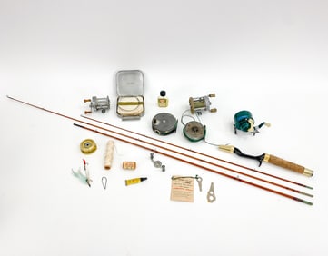 GROUPING OF VINTAGE FLY FISHING ROD, REELS, ETC.
