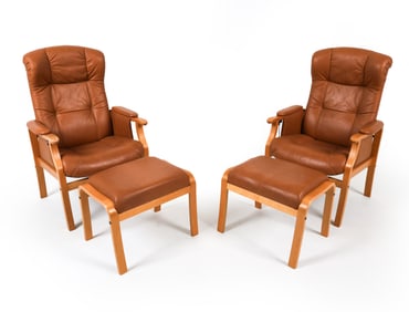PAIR ANDERSSONS LEATHER LOUNGE CHAIRS & OTTOMANS