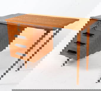MID-CENTURY SCANDINAVIAN OAK DESK C. 1960S: Includes (1) key. Dimensions: H 30" x W 35.25" x D 23" Condition: Slight loss to drawer. Light nicks and dings. Wear consistent with age and use.