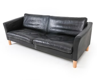 STOUBY BEECH & BLACK LEATHER SOFA C. 1970S