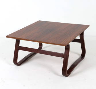 DANISH ROSEWOOD & BEECH COFFEE TABLE C. 1960S: Rosewood top with beech bentwood legs. Dimensions: H 15.5" x W 27.5" x D 27.5". Condition: Few thin surface scratches, good presentation overall.