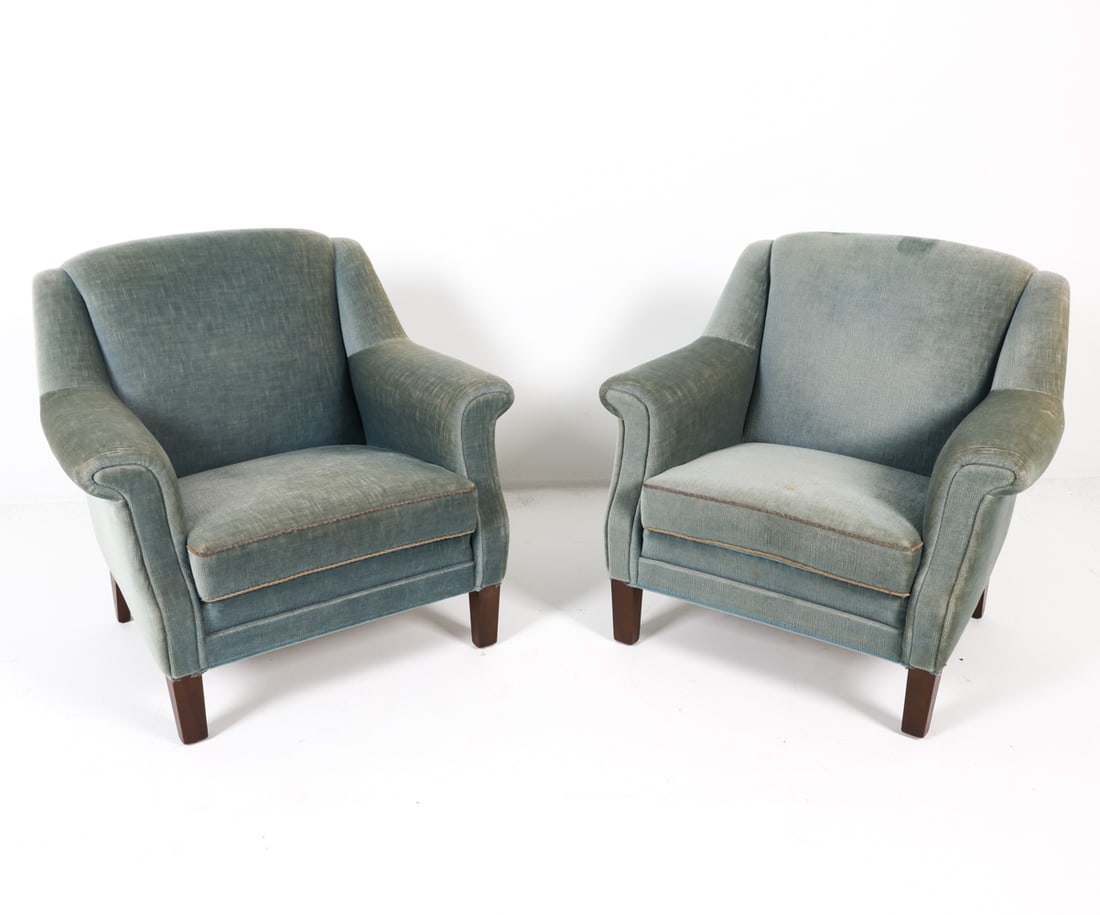 POUL M JESSEN MOHAIR LOUNGE CHAIRS C. 1960S: Tags underneath front edge. Green mohair upholstery with beech legs. Denmark, circa 1960s. Dimensions: H 31.75" x W 33" x D 32" x SH 15.5". Condition: Some slight thinning to mohair. Few faint discolo