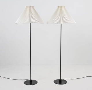 PAIR OF DANISH STEEL FLOOR LAMPS C. 1960S: Dimensions: H 63" x Dia. Shade 24". Dia. Base 11.5". Condition: Wiring untested, cords cut. Few scuffs and scratches to metal finish. Shades slightly bent. Wear consistent with age and use.
