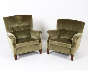 DANISH GREEN MOHAIR LOUNGE CHAIRS C. 1960S