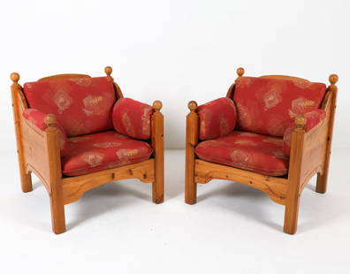 PAIR OF MID-CENTURY DANISH PINE LOUNGE CHAIRS: Pine frames with fabric upholstered cushions. Upholstered arm pieces are removable. Denmark, circa 1960s. Dimensions: H 33" x W 29" x D 29.25" x SH 16.5". Condition: Few faint discolored spots to fabr