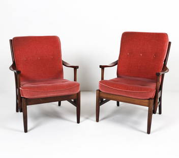 PAIR OF SCANDINAVIAN BEECH ARMCHAIRS C. 1960S: Ladder back armchairs with pink mohair cushions. Dimensions: H 34.5" x W 26.5" x D 25" x SH 17.5". Condition: Some areas of fading to wood, small nicks and scratches. One cushion missing button. Wear