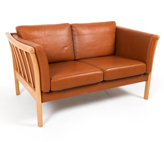MID-CENTURY DANISH BEECH & LEATHER LOVESEAT SOFA