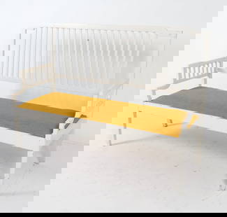 VINTAGE SCANDINAVIAN PAINTED WOODEN BENCH: Painted pine bench with wool upholstered seat. Dimensions: H 41" x W 60" x D 20.25". Condition: Few chips and flakes to painted finish. Wear consistent with age and use.