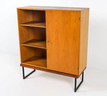 SCANDINAVIAN ASHWOOD CABINET C. 1970S: Indistinct labels. 2 pieces. Includes (1) key. Top cabinet rests upon base. Dimensions: H 46.5" x W 39.25" x D 15" Condition: Scratches and dings to surface edges. Musty scent to interior cabinet. Bas