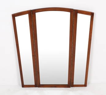 MID-CENTURY SCANDINAVIAN BEECH TRIPTYCH MIRROR: Dimensions: H 44.5" x W (opened) 35". Condition: Minor scuffs, scratches, dings to wood. Wear consistent with age and use.