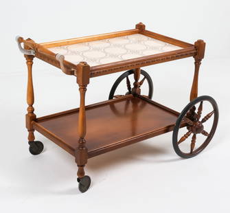 VINTAGE SCANDINAVIAN BEECH & CERAMIC BAR CART: Dimensions: H 24.25" x W 20.25" x D 35". Condition: Minor losses to carved wooden tops on corners. Sun fading and rubs to wood on sides, handle. Wear consistent with age and use.