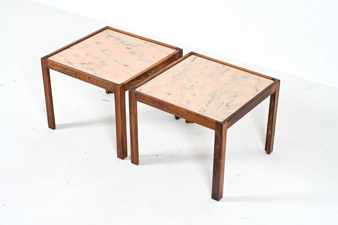 PAIR ATTR. SVEND LANGKILDE ROSEWOOD END TABLES: Solid rosewood and pink marble.Attributed to the Danish designer Svend Langkilde, the Minimalist design provides the perfect canvas for a dramatic display of visual textures, brought on by the juxtapo