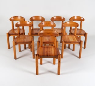 (8) DAUMILLER STYLE PINE DINING CHAIRS C. 1970S