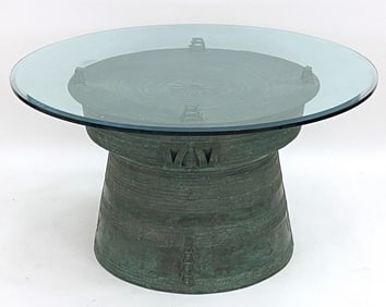 TIBETAN BRONZE RAIN DRUM TABLE W/ GLASS TOP