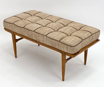 MID-CENTURY TOMLINSON WALNUT & RATTAN BENCH