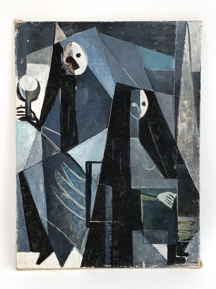 LOUISE PERSHING (1904-1986) CUBIST O/C: Signed lower right corner. Dimensions: H 32" x W 24" Condition: Some rubs to edges. Couple losses of paint on surface. Two repair patches on verso.