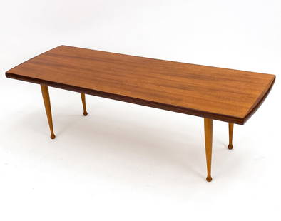 ALBERT LARSSON ALBERTS TIBRO TEAK COFFEE TABLE: Rare table designed by Albert Larsson for Alberts Tibro, Sweden, 1953. Stamped on underside. Dimensions: H 18" x W 58" x D 20.75" Condition: Light wear consistent with age and use including two small