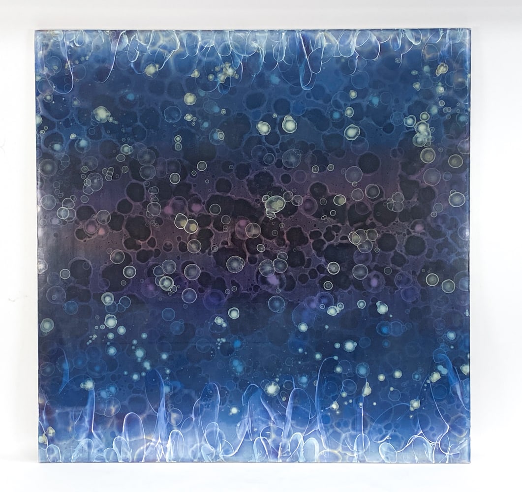 DAVID MANN (B.1950) ABSTRACT MIXED MEDIA: Titled "Cayman 1", signed, and dated 2005 on verso. Mixed media using oil, acrylic, and alkyd on canvas stretched onto board. Layers of blue and white with translucent colors that appear like jellyfis