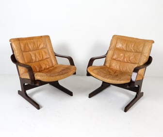 PAIR DANISH BEECH & LEATHER EASY CHAIRS C. 1960S