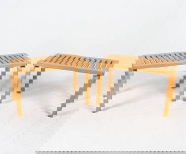 PAIR ALVAR AALTO FOR ARTEK MODEL 153 BIRCH BENCHES: Pair of birchwood slat benches. Iconic Model 153. Norway, circa 1960s. Stamped on underside of one bench. Dimensions: H 17.5" x W 28.25" x D 16". Condition: Moderate scuffs, scratches, and dings. Some