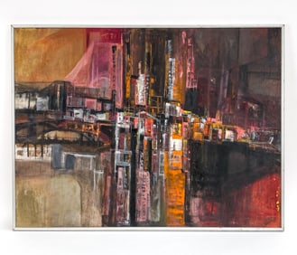 LARGE MID-CENTURY ABSTRACT CITYSCAPE O/B