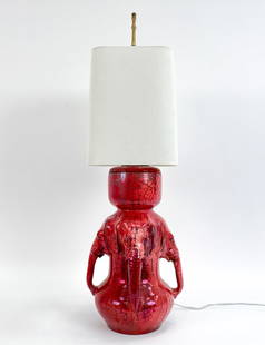 CERAMIC CRACKLE GLAZED ELEPHANT TABLE LAMP: Dimensions: (To finial) H 32.5" x W 7.5 " x D 9" Condition: Tarnishing to harp. Untested. Presents well overall.