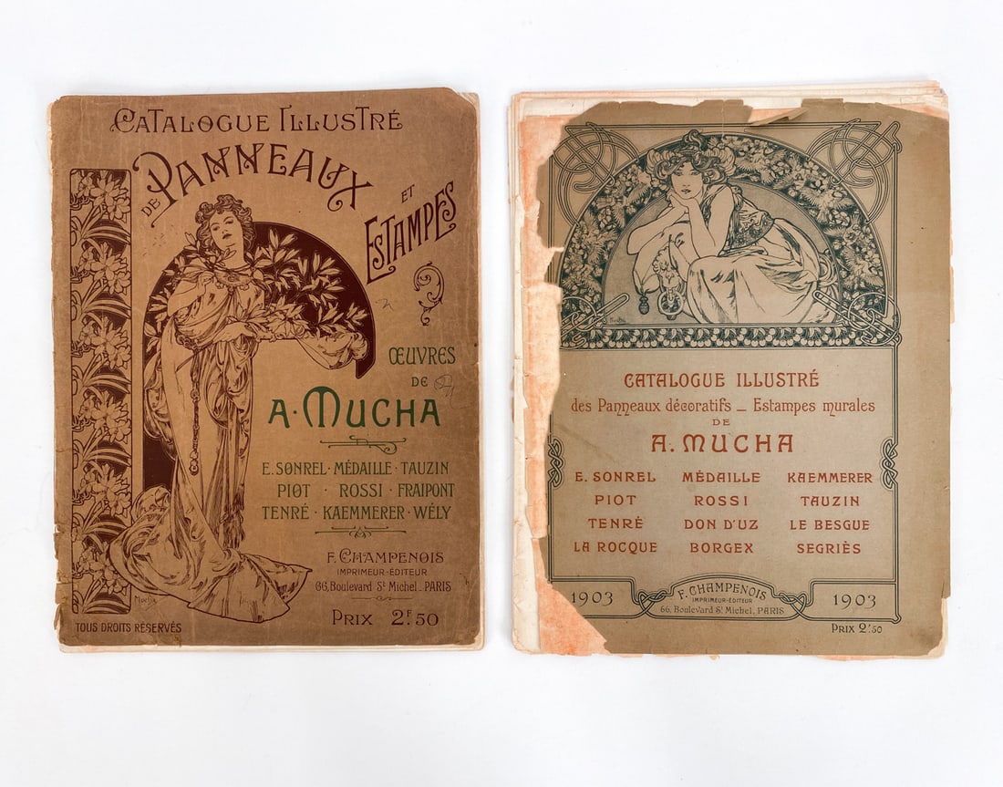 (2) ART NOUVEAU ALPHONSE MUCHA PUBLICATIONS: Includes a catalog Illustre des Panneaux Decoratifs-Esamps Murles de A. Mucha (1903) and a Catalogue Illustre de Panneaux et Estampes Oeuvres de A. Mucha (1902). Includes numerous Mucha lithograph ill