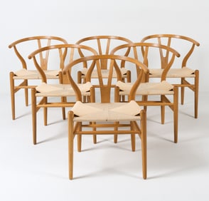 (6) HANS WEGNER STYLE OAK WISHBONE DINING CHAIRS