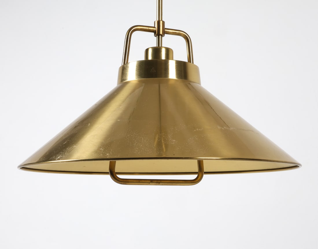 FRITZ SCHLEGEL DANISH BRASS PENDANT LIGHT C. 1960S: For Lyfa. Brass tone aluminum shade with elevating pulley system for height adjustment. Dimensions: H 13" x Dia. 16". Condition: Wiring untested. Few small scuffs and scratches to brass finish. Wear c