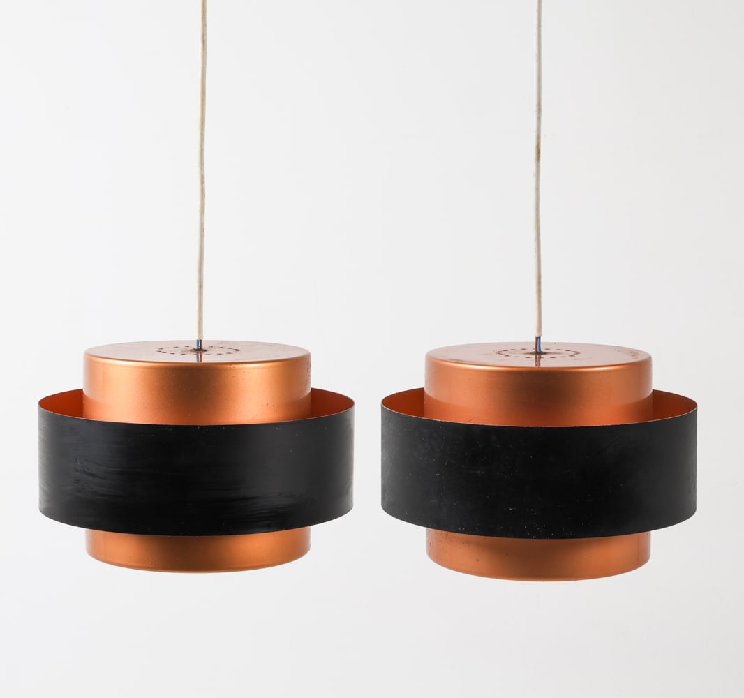 PAIR OF JUNO PENDANT LIGHTS BY FOG & MORUP C. 1960: Features FM labels on the interiors. Dimensions: H 6.25" x Dia 9.5" Condition: Moderate oxidation along the outer edges, with scattered marks and scuffs, and the wiring has not been tested.