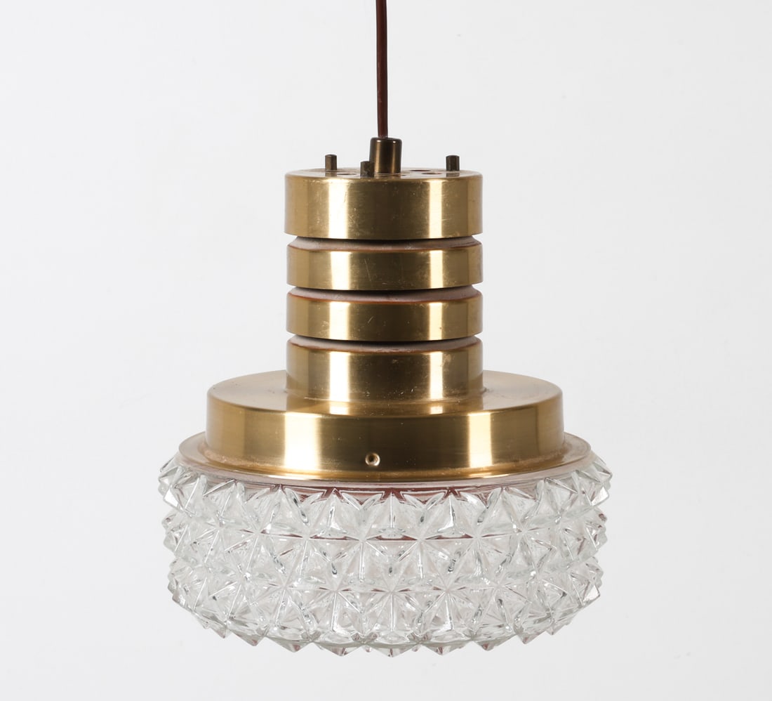 CARL THORE STYLE BRASS & GLASS PENDANT LIGHT: Gold brushed aluminum with textured glass. Dimensions: H 9" x Dia 8.75" Condition: Aluminum shows minor scattered marks. Glass presents well. Wiring is untested. D143