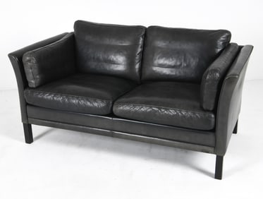 MOGENSEN STYLE DANISH BLACK LEATHER LOVESEAT SOFA