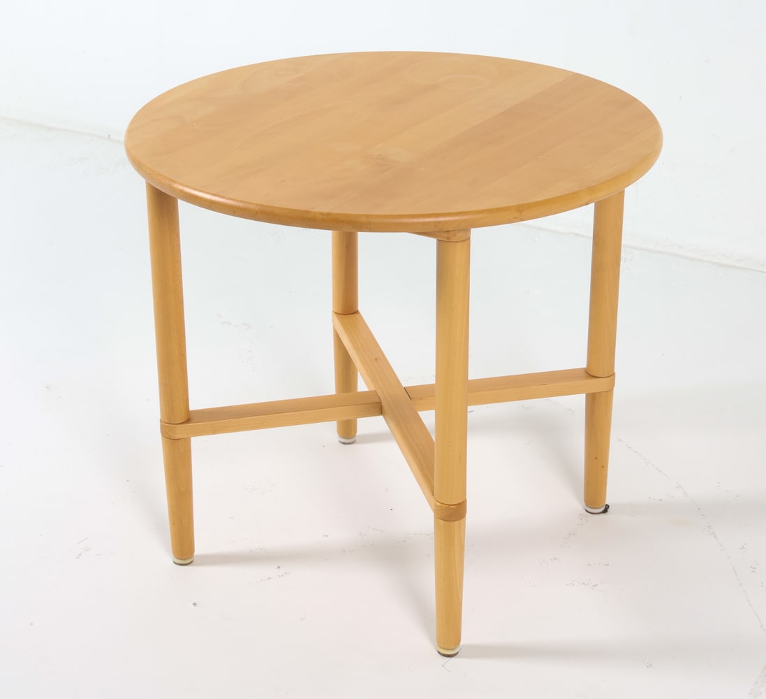 HASLEV DANISH BEECH SIDE TABLE C. 1970S: Label to underside. Dimensions: H 22" x Dia 24.75" Condition: Minor scuffs and dings. Wear consistent with age and use.