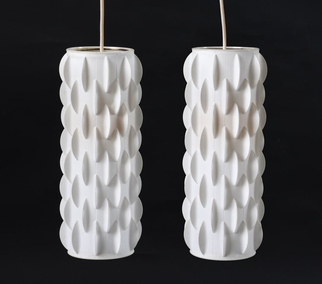 PAIR OF LARS SCHIOLER CONTOUR CEILING LIGHTS: For Hoyrup. White plastic shades with textured discs. Denmark, circa 1970s. Dimensions: H 12.5" x Dia. 4.75". Condition: Wiring untested. Few faint scuffs to plastic. Wear consistent with age and use.