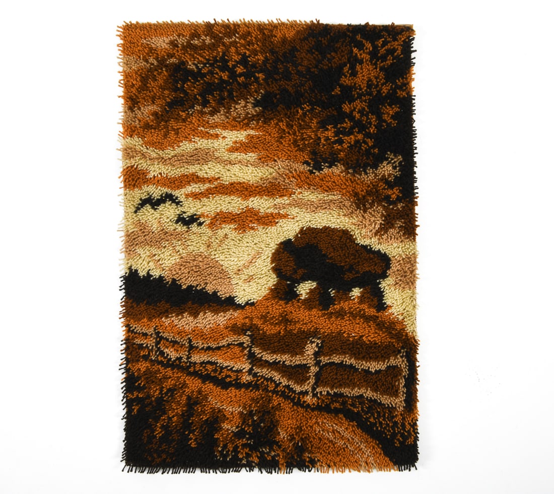 DANISH SHAG WOOL LANDSCAPE RUG C. 1970S: Dimensions: H 44" x W 28". Condition: Wear consistent with age and use. DMN074