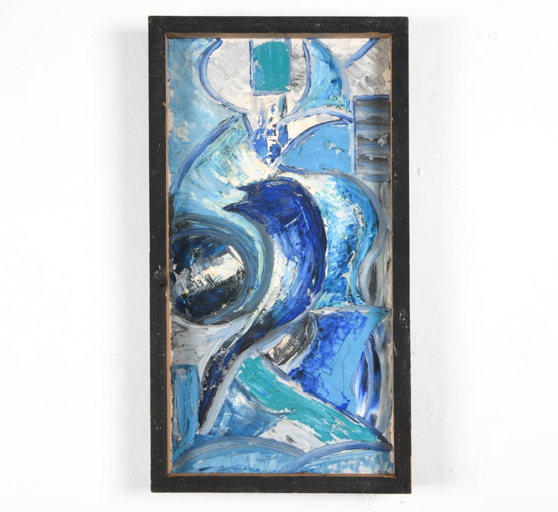 DANISH MID-CENTURY ABSTRACT PAINTING O/C: Signed 'K.W.' on back of canvas. Dimensions: Frame H 14.25" x W 26.5". Canvas H 13" x W 24.75". Condition: Some losses to paint. Scuffs and scratches to frame. Wear consistent with age and use.