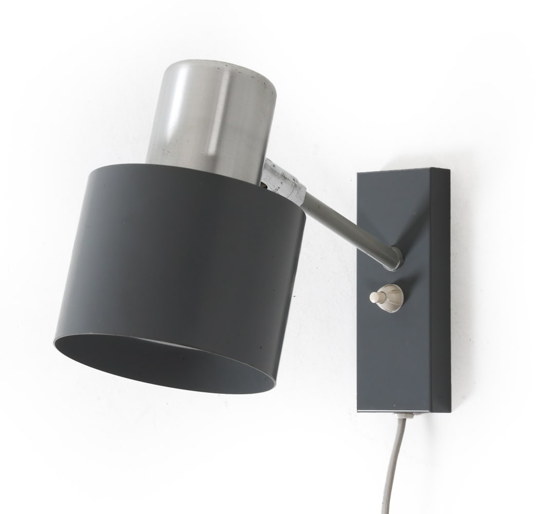 JO HAMMERBORG FOR FOG & MORUP "ALFA" WALL SCONCE: Grey toned steel. Denmark, circa 1960s. Dimensions: H 6.5" x W 4.5" x D 9.25". Condition: Wiring untested, European plugs. Some discoloration and oxidation inside shade. Wear consistent with age and u