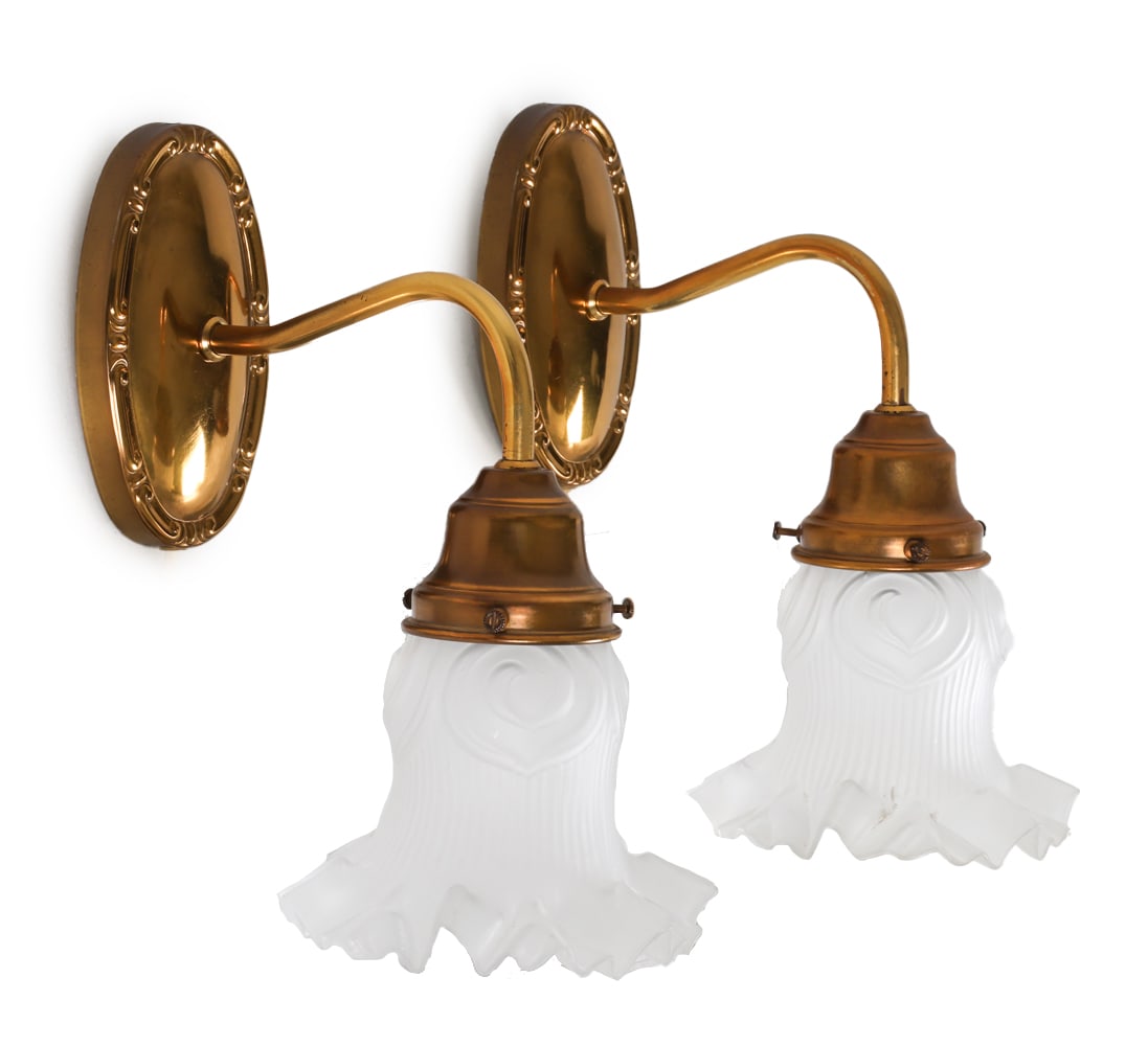 PAIR OF BRASS & GLASS SHADE SCONCES C. 1970S (1 of 15)