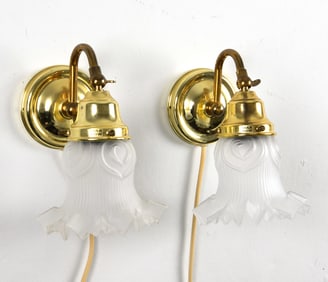 PAIR OF BRASS & GLASS SHADE SCONCES C. 1970S