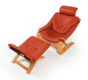 FRIBYTTER STYLE LEATHER 'KROKEN' CHAIR & OTTOMAN