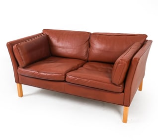 STOUBY DANISH BEECH & LEATHER SOFA LOVE SEAT 1970S