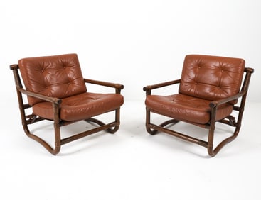 PAIR BAMBOO & LEATHER DANISH EASY CHAIRS C. 1960S