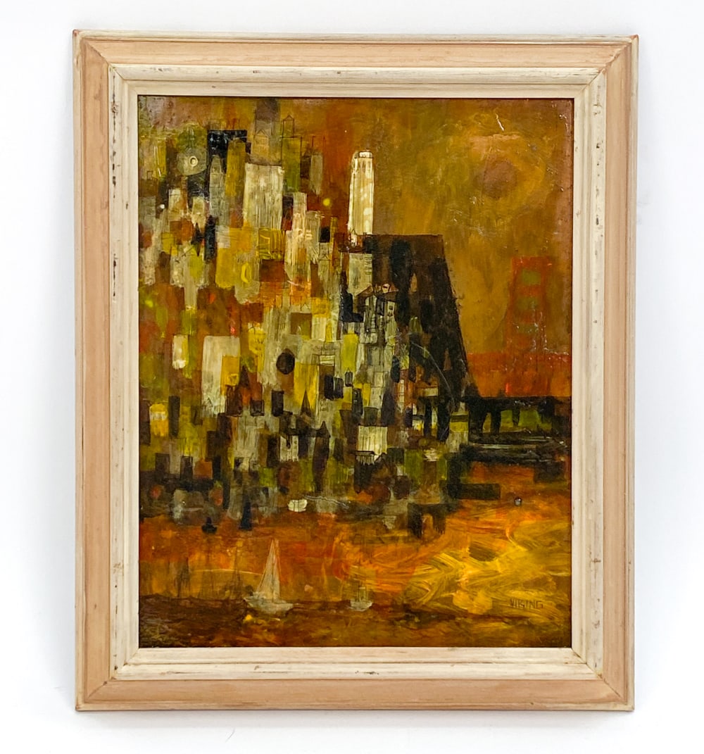 20TH C. ABSTRACT ON COPPER PAINTING: Signed Viking to corner. Paint on copper panel. Depicts a layered city with boats on the water. Frame: H 17" x W 14" Copper: H 14" x W 11" Condition: Scattered blemishes and scuffs to wood frame. Crea