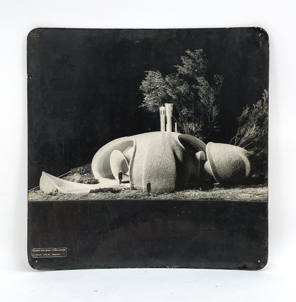 JOHN JOHANSEN SPRAY FORM HOUSE PRESENTATION: John Johnsen presentation board for "Spray Form House". Silverprint photograph mounted on thick cardboard. A proposal for a biomorphic structure composed of concrete sprayed onto steel and steel mesh